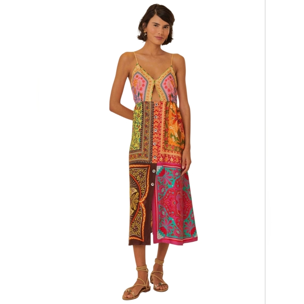 FARM Rio Multicolor Patchwork Midi Dress - Pink, Orange, Green, Turquoise, Brown